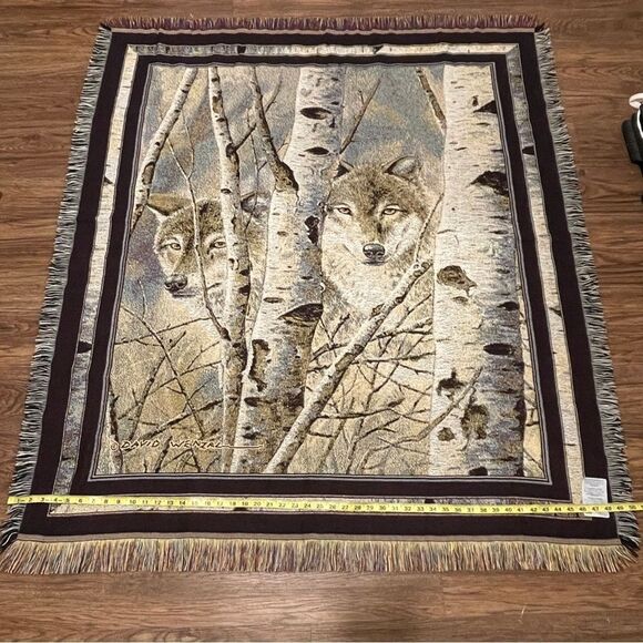NWOT Mohawk Fleeting Glimpse Wolf In Birch Trees Tapestry Throw by David Wendell - Picture 7 of 9